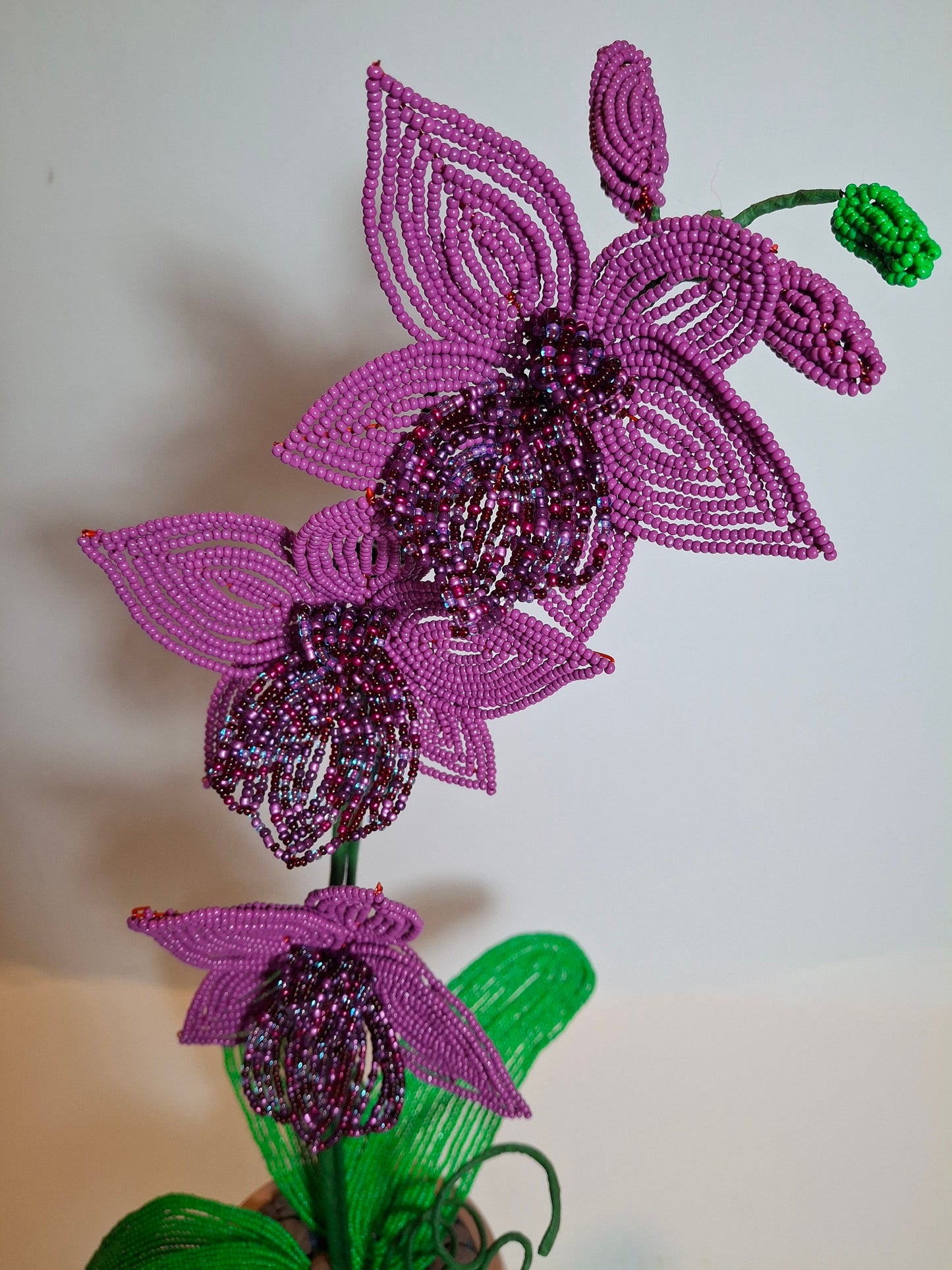 French-beaded Pink Orchid - Three Blooming Flowers