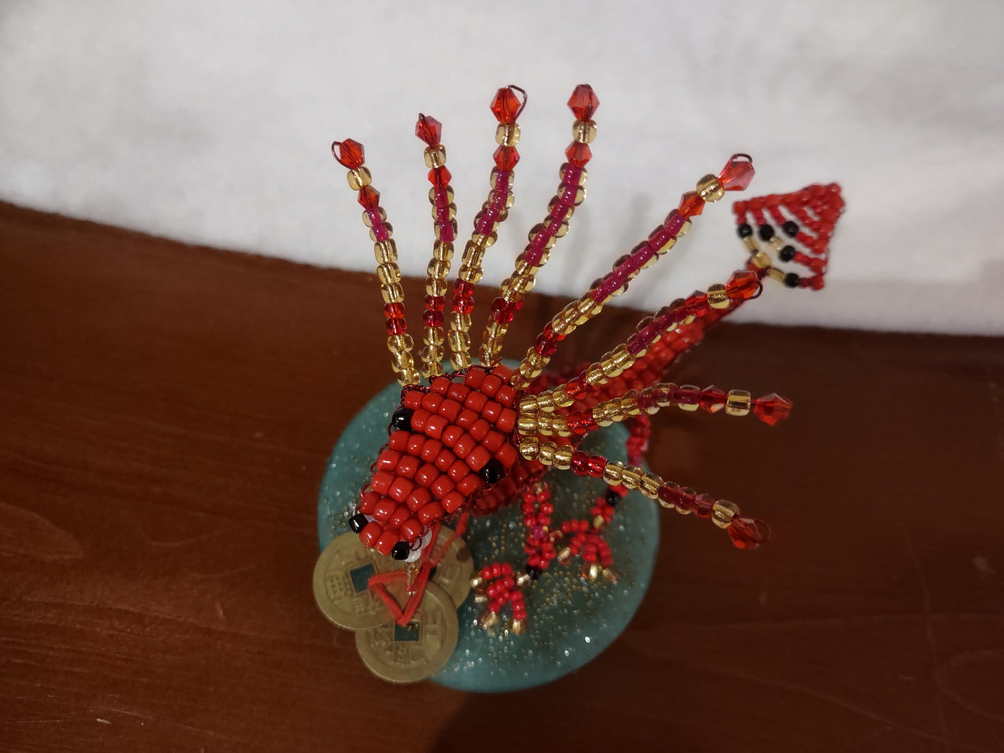 Beaded Red and Gold Dragon on Resin Stand with Three Lucky Chinese Coins