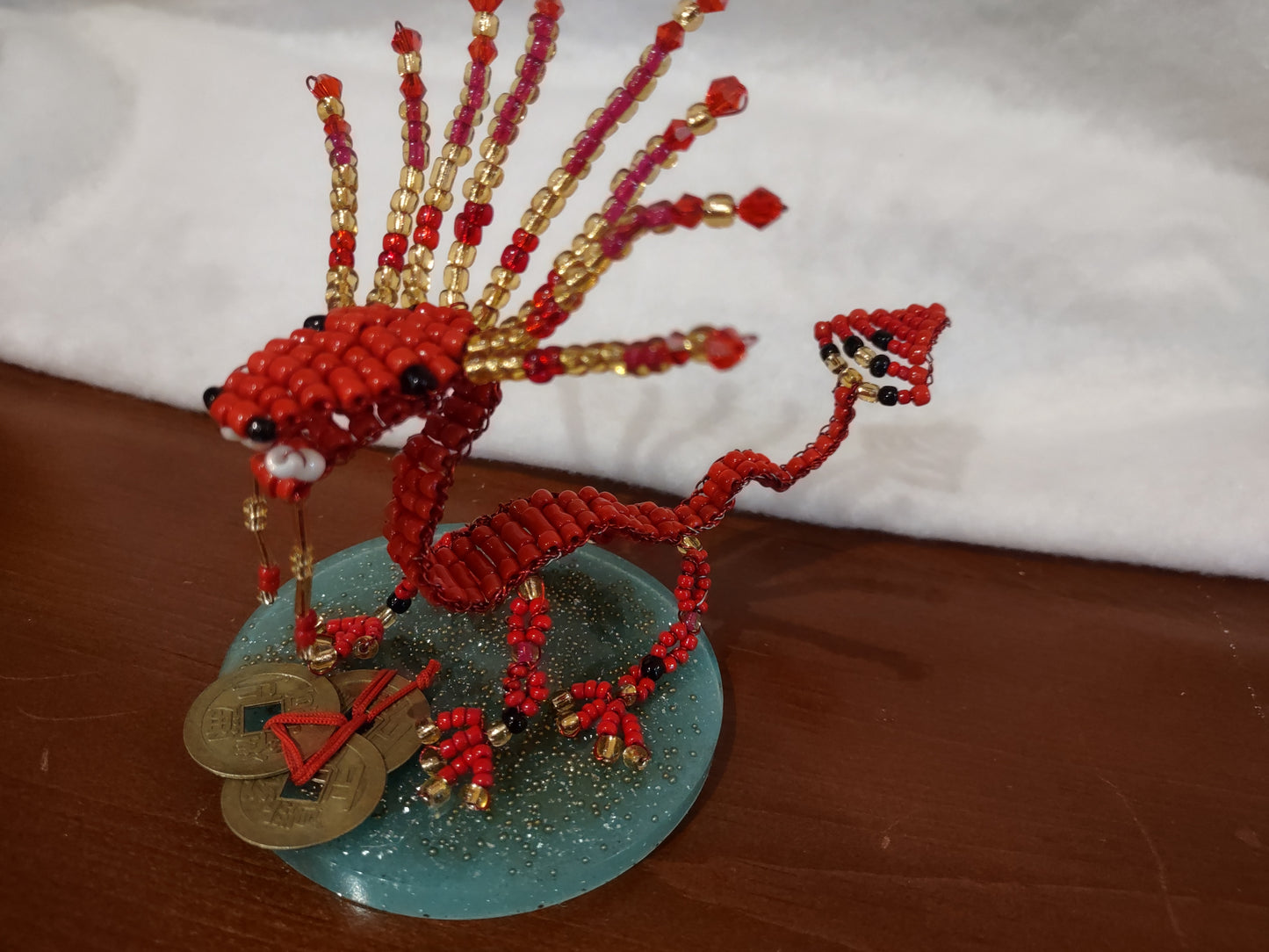 Beaded Red and Gold Dragon on Resin Stand with Three Lucky Chinese Coins