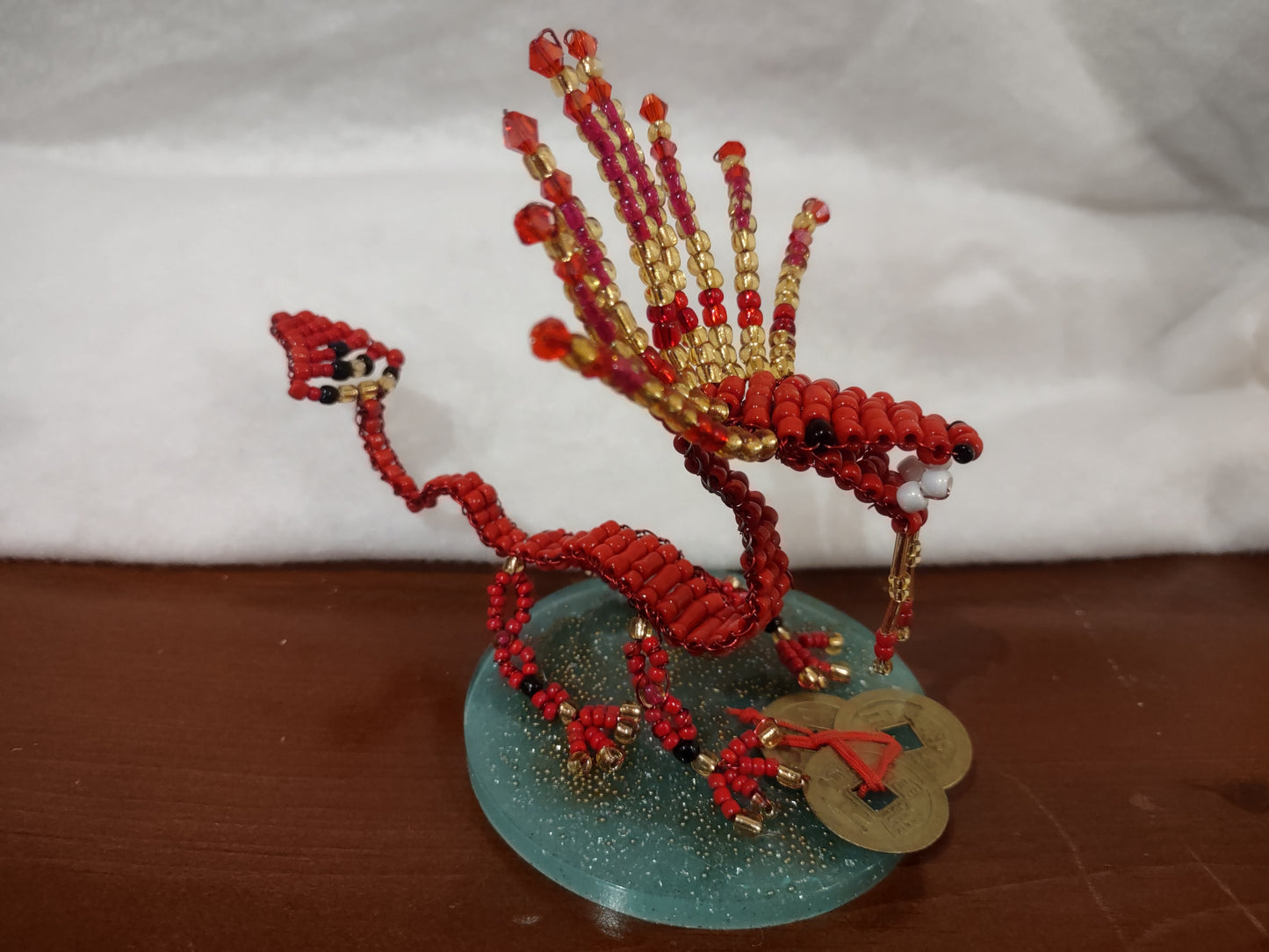 Beaded Red and Gold Dragon on Resin Stand with Three Lucky Chinese Coins
