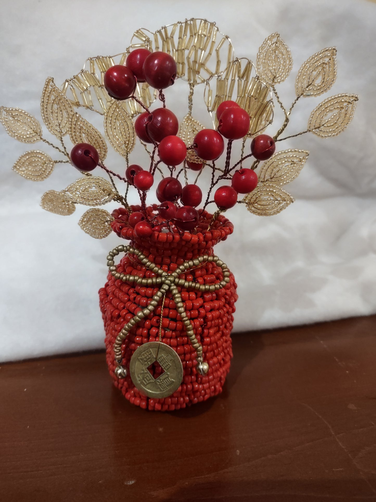 Red Beaded Pouch with Golden Leaves Red Berries and Lucky Chinese Coin