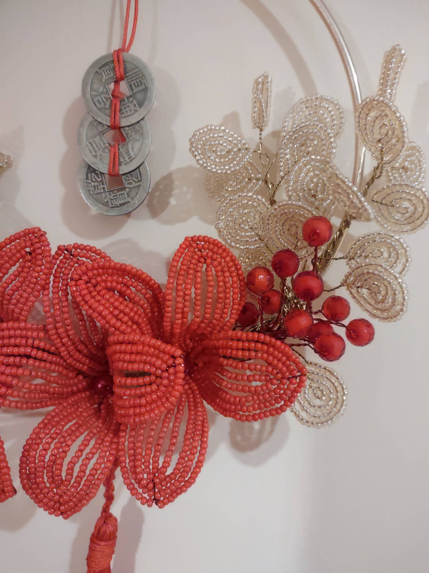Beaded Half Wreath Flower Decoration with Lucky Chinese Coins