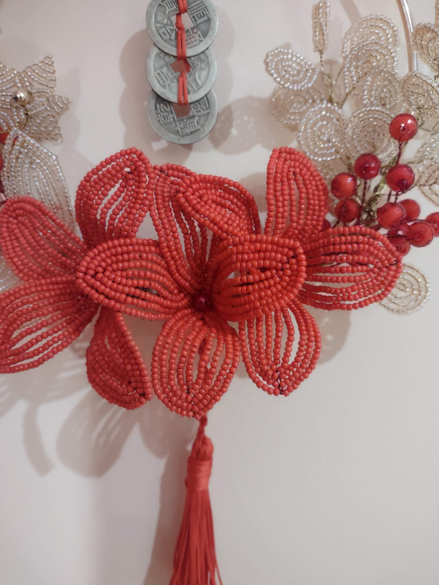 Beaded Half Wreath Flower Decoration with Lucky Chinese Coins
