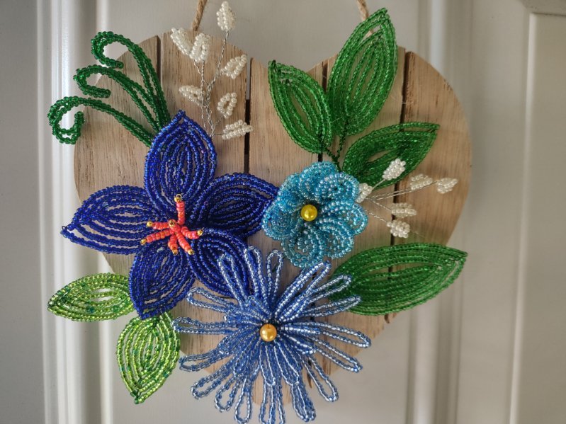 Wooden Heart Decorated with Blue Beaded Flowers