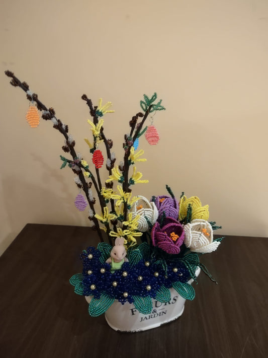 Handcrafted Beaded Spring Floral Arrangement –  Easter Bunny Edition