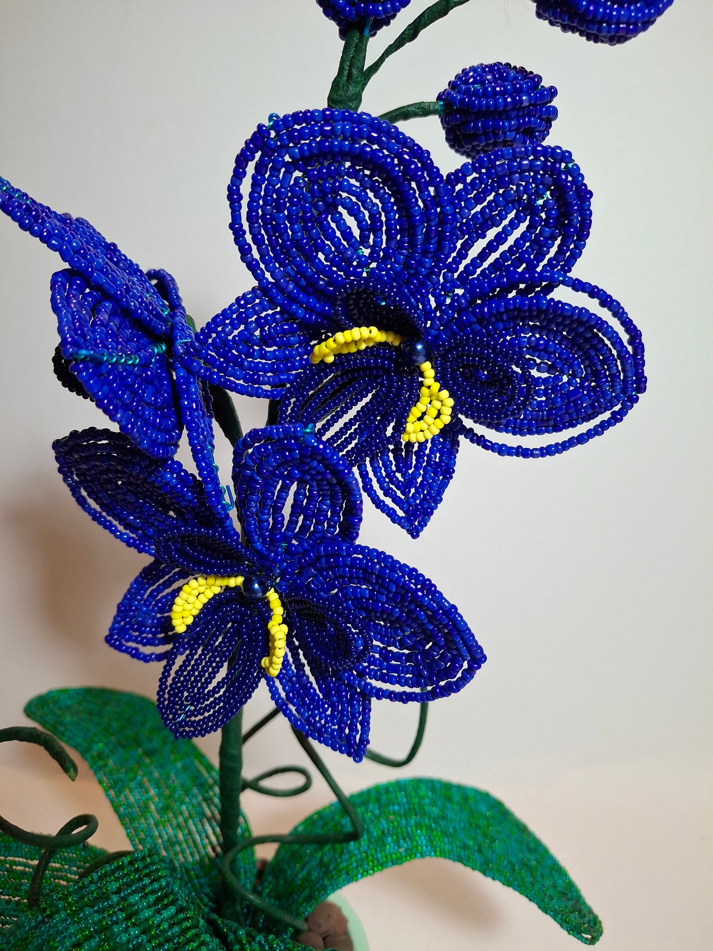 French-beaded Blue Orchid - Three Blooming Flowers