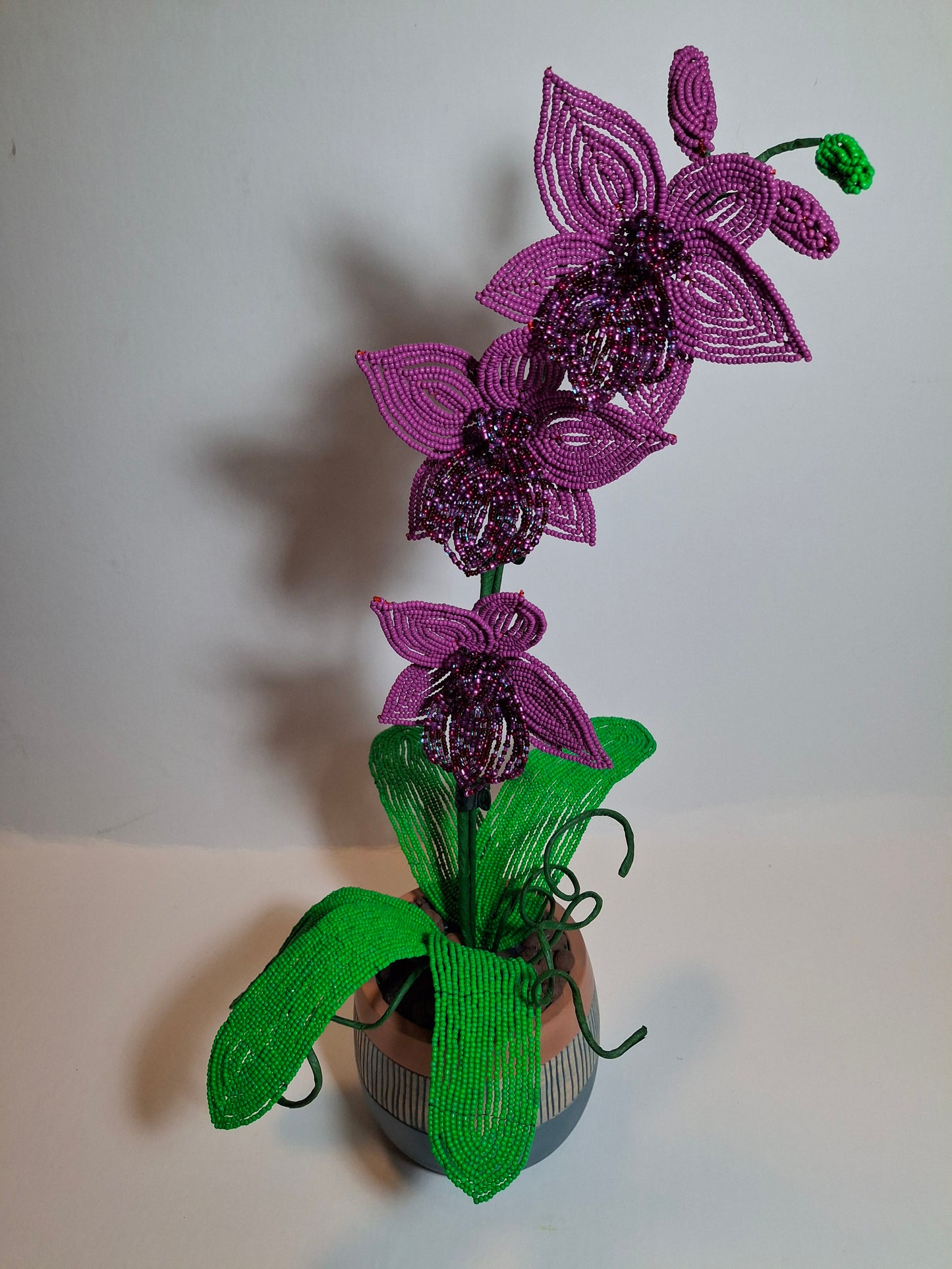 French-beaded Pink Orchid - Three Blooming Flowers