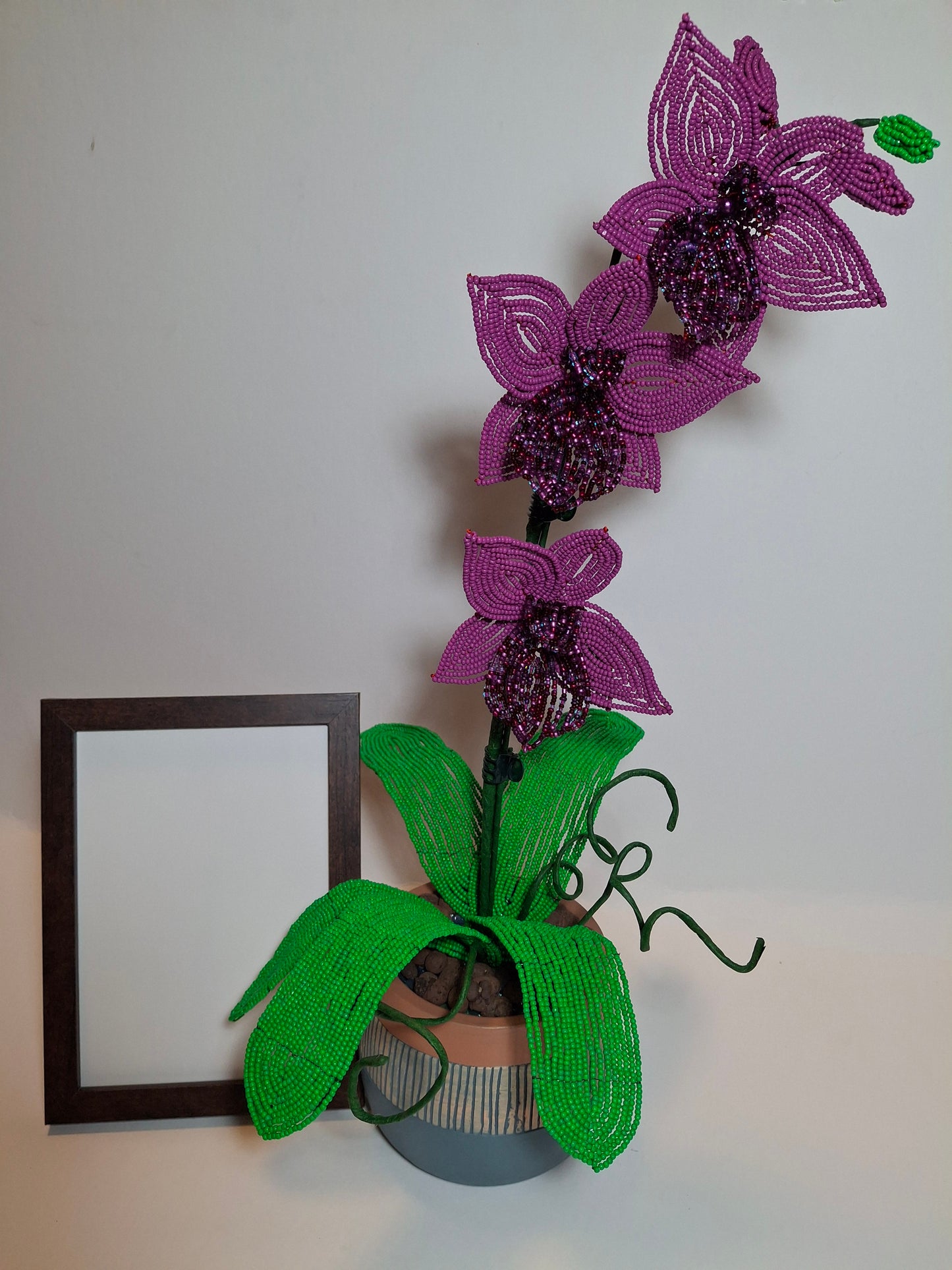 French-beaded Pink Orchid - Three Blooming Flowers