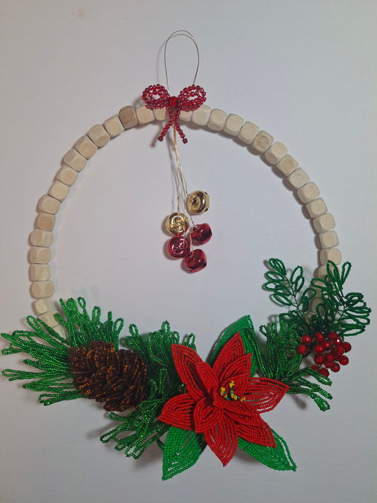 Wood Bead Single Poinsettia Wreath