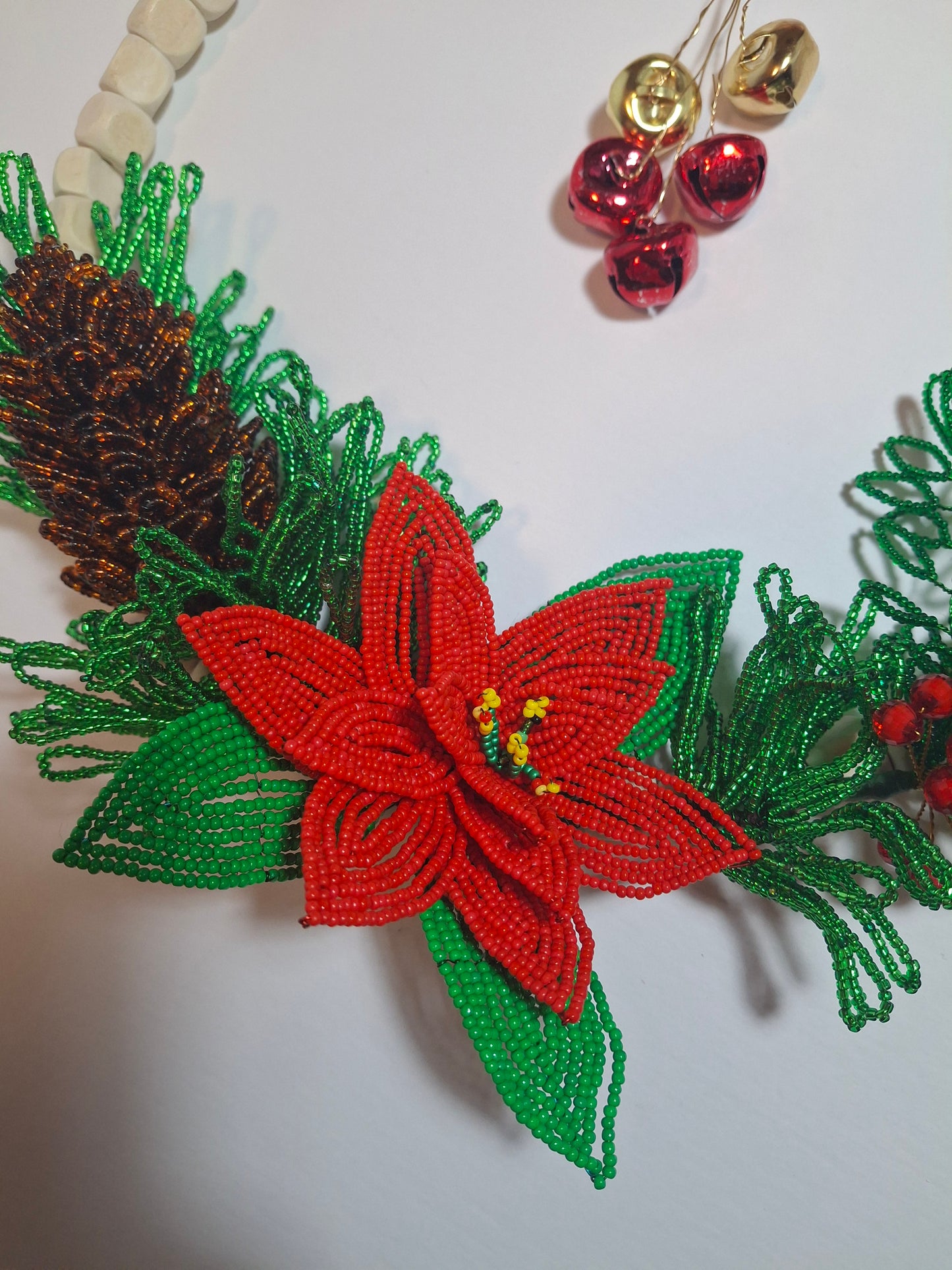 Wood Bead Single Poinsettia Wreath