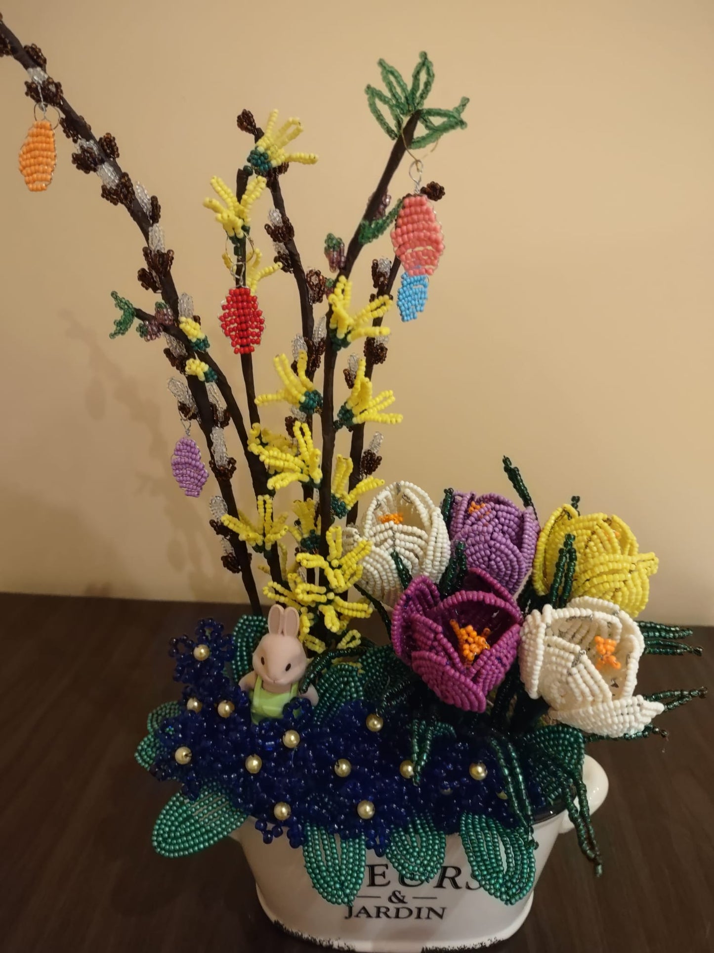 Handcrafted Beaded Spring Floral Arrangement –  Easter Bunny Edition