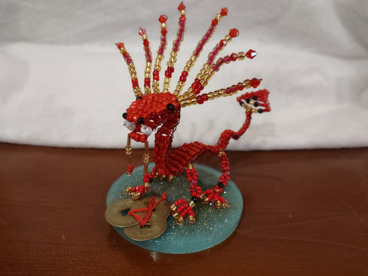 Beaded Red and Gold Dragon on Resin Stand with Three Lucky Chinese Coins