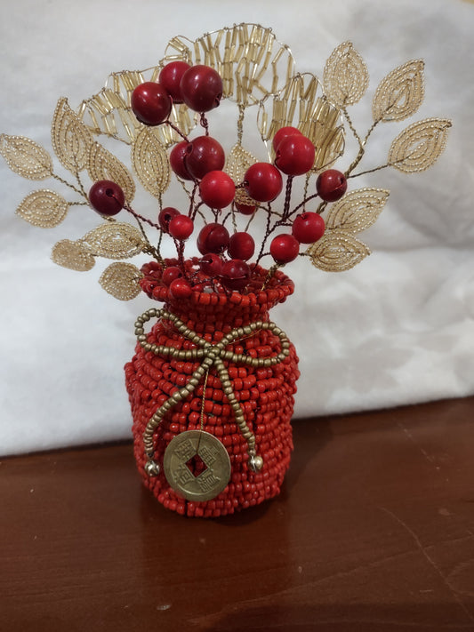 Red Beaded Pouch with Golden Leaves Red Berries and Lucky Chinese Coin