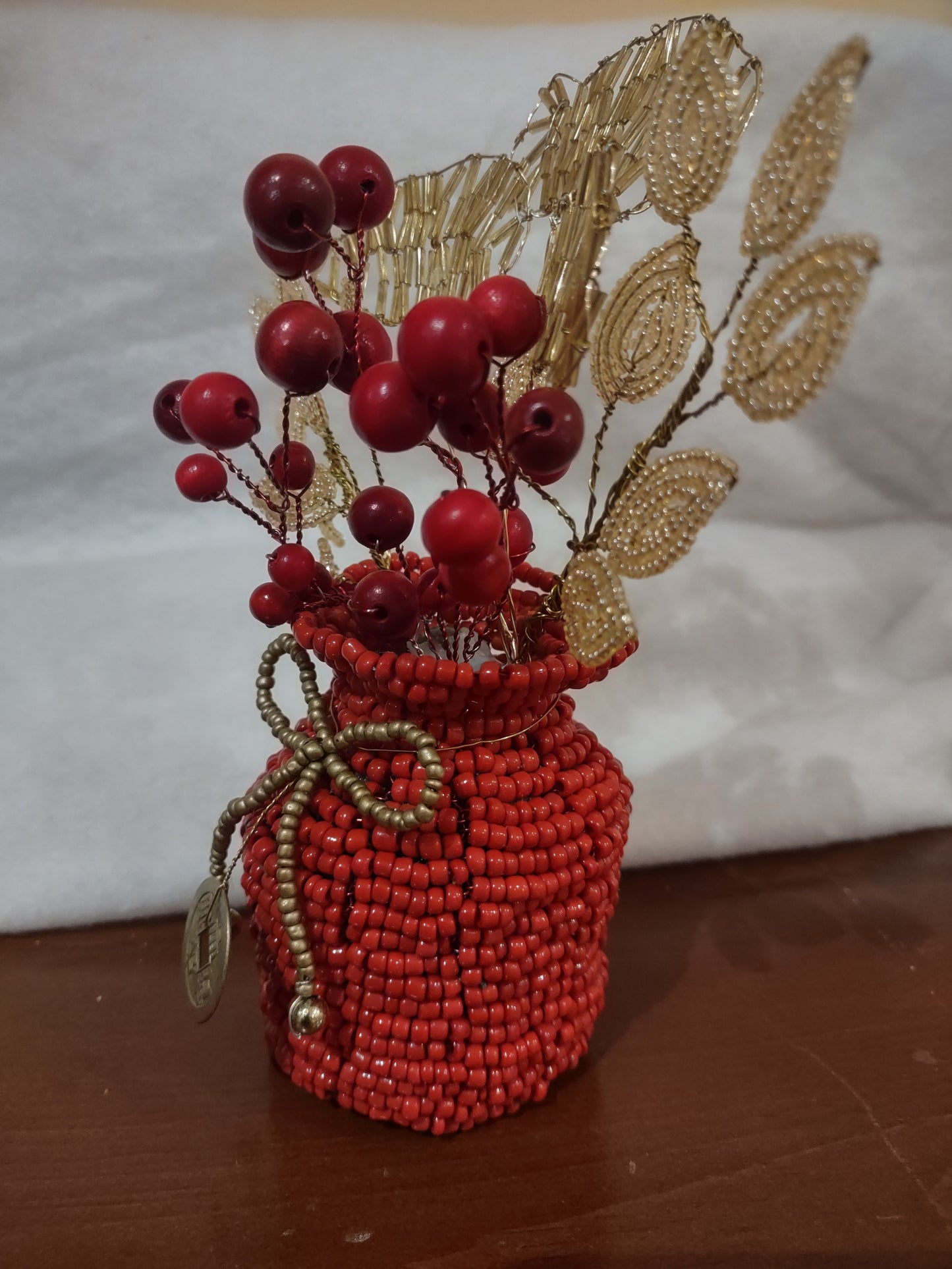 Red Beaded Pouch with Golden Leaves Red Berries and Lucky Chinese Coin