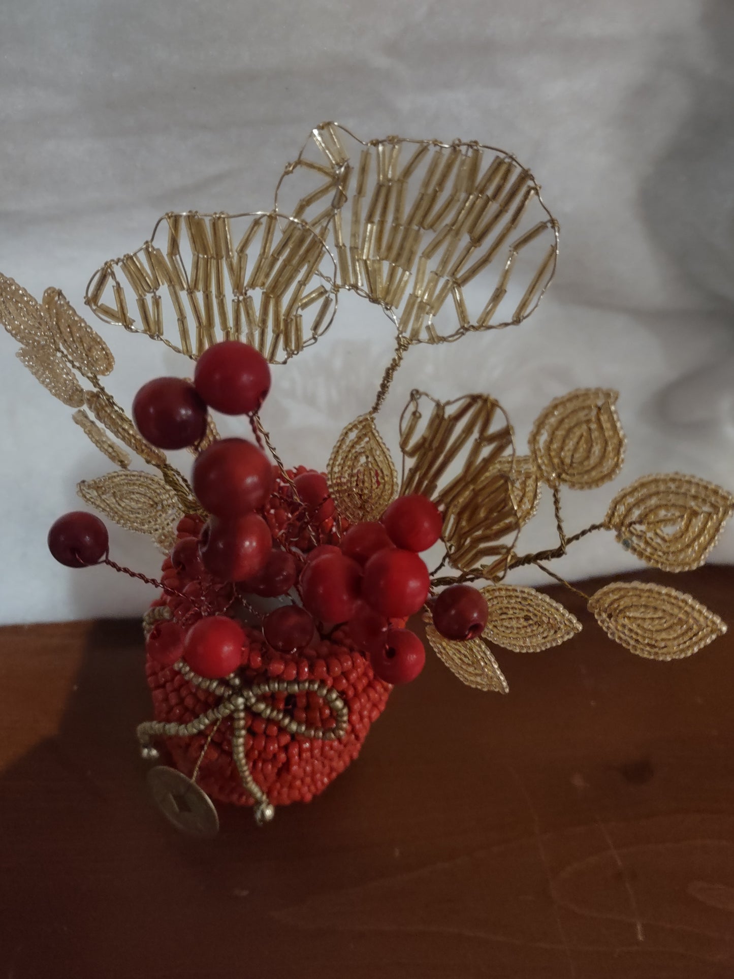 Red Beaded Pouch with Golden Leaves Red Berries and Lucky Chinese Coin