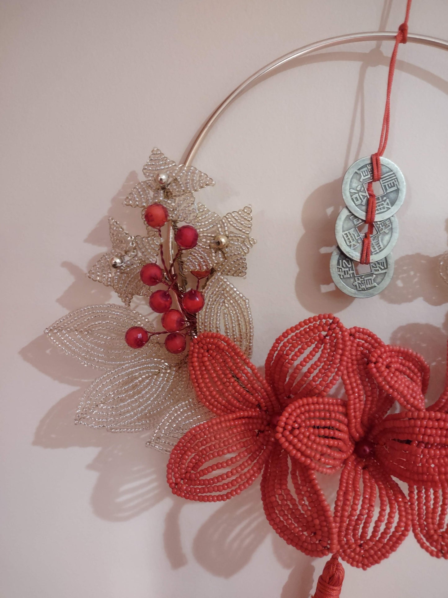 Beaded Half Wreath Flower Decoration with Lucky Chinese Coins