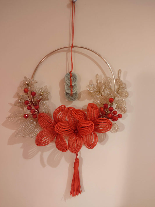 Beaded Half Wreath Flower Decoration with Lucky Chinese Coins
