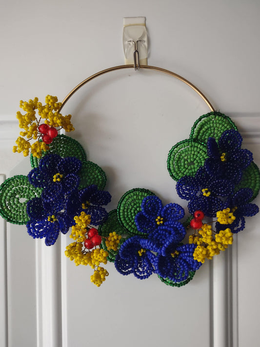 Beaded Golden Half Wreath With Violets Flowers