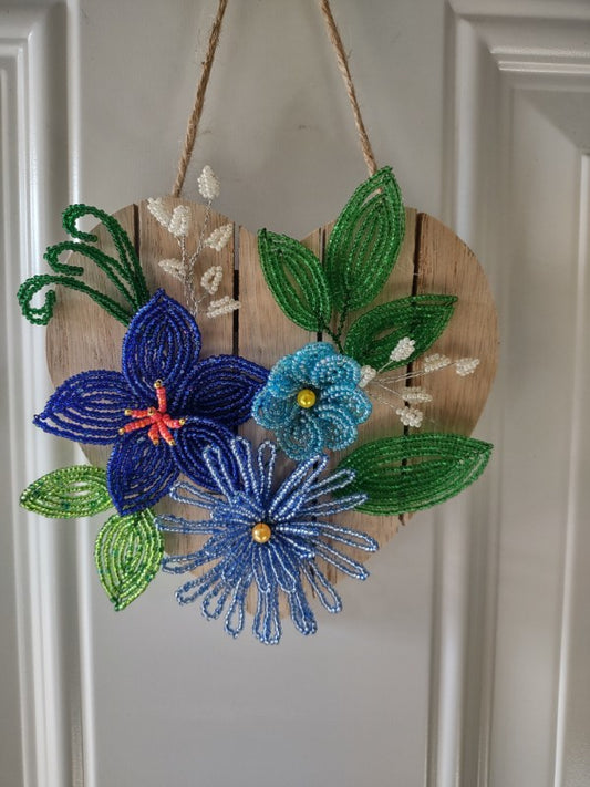 Wooden Heart Decorated with Blue Beaded Flowers