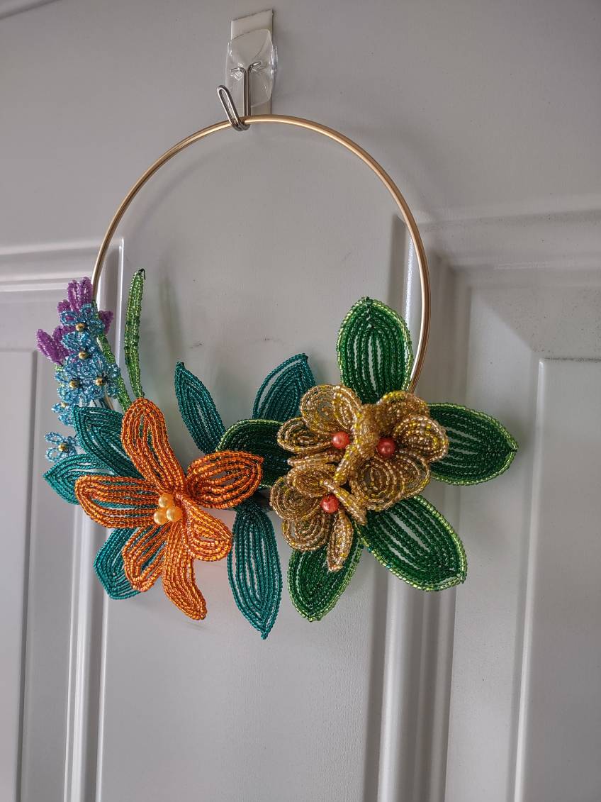 Colourful Half Wreath Made of Beaded Flowers
